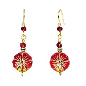 Handmade Red Czech Hibiscus Flower Beaded Gold Tone Boho Earrings